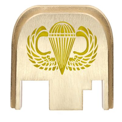 NDZ Performance Rear Slide Cover Back Plate for Gen 1-4 Glock 17 19, 9mm .40 .357 .45, Custom Light Gold Laser Engraved Images on Brass, Made in The USA - Airborne Jump Wings