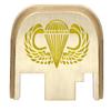 NDZ Performance Rear Slide Cover Back Plate for Gen 1-4 Glock 17 19, 9mm .40 .357 .45, Custom Light Gold Laser Engraved Images on Brass, Made in The USA - Airborne Jump Wings view 1
