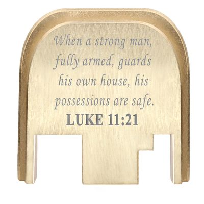 NDZ Performance Rear Slide Cover Back Plate for Gen 1-4 Glock 17 19, 9mm .40 .357 .45, Custom Silver Laser Engraved Images on Brass, Made in The USA - Bible Luke 11:21