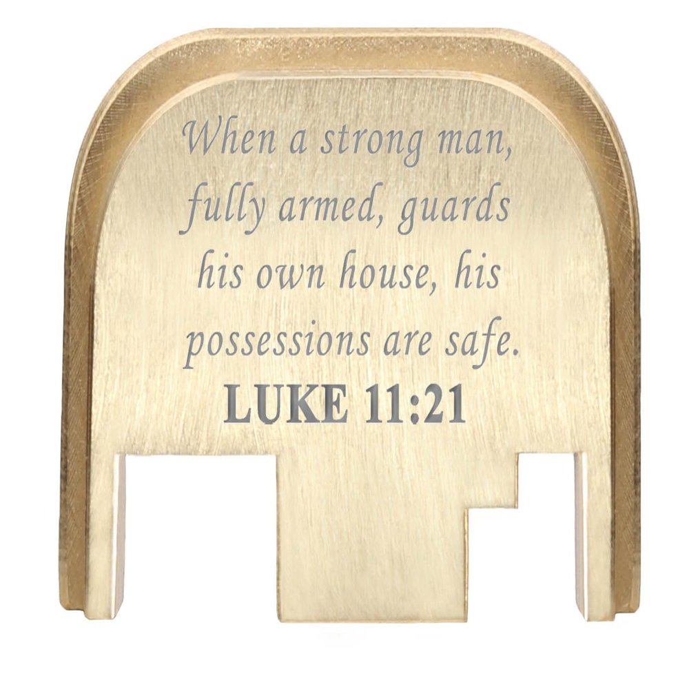 NDZ Performance Rear Slide Cover Back Plate for Gen 1-4 Glock 17 19, 9mm .40 .357 .45, Custom Silver Laser Engraved Images on Brass, Made in The USA - Bible Luke 11:21