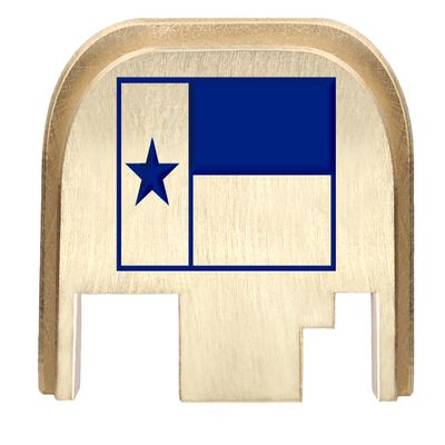 NDZ Performance Rear Slide Cover Back Plate for Gen 1-4 Glock 17 19, 9mm .40 .357 .45, Custom Dark Blue Laser Engraved Images on Brass, Made in The USA - Texas State Flag