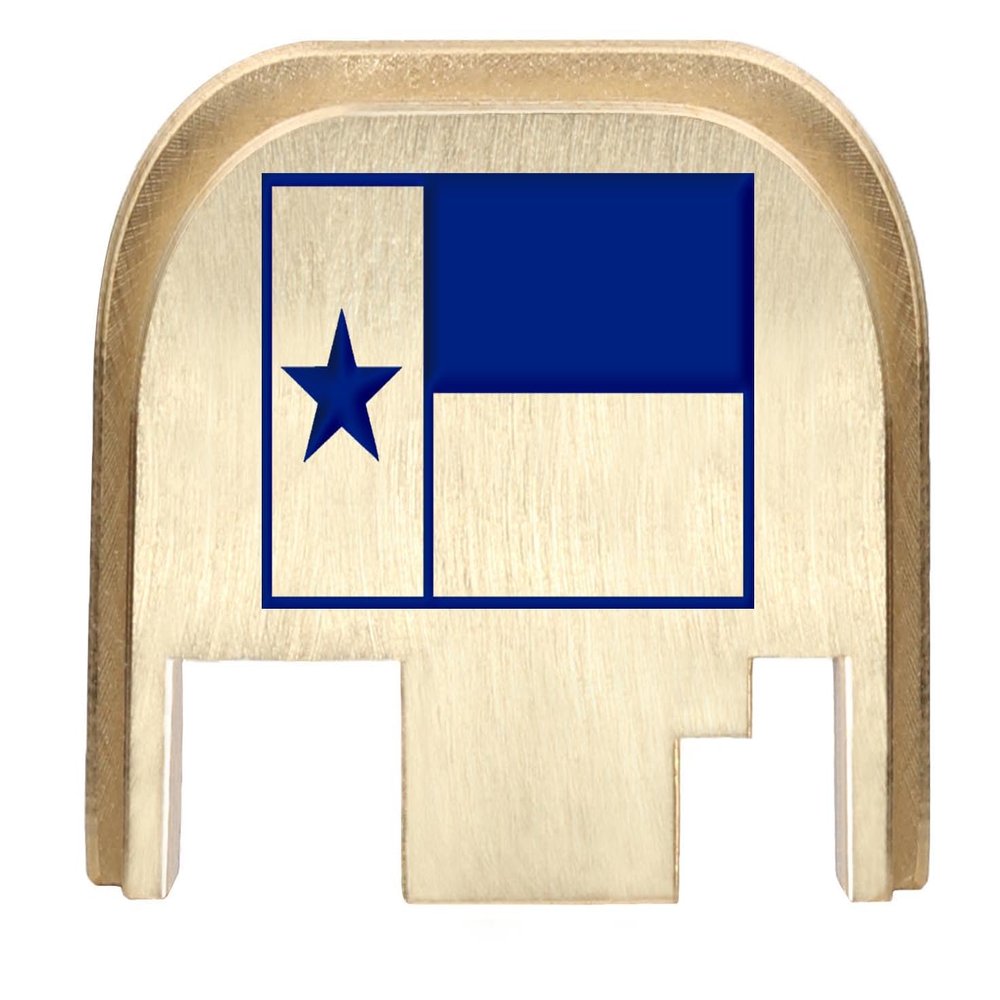 NDZ Performance Rear Slide Cover Back Plate for Gen 1-4 Glock 17 19, 9mm .40 .357 .45, Custom Dark Blue Laser Engraved Images on Brass, Made in The USA - Texas State Flag