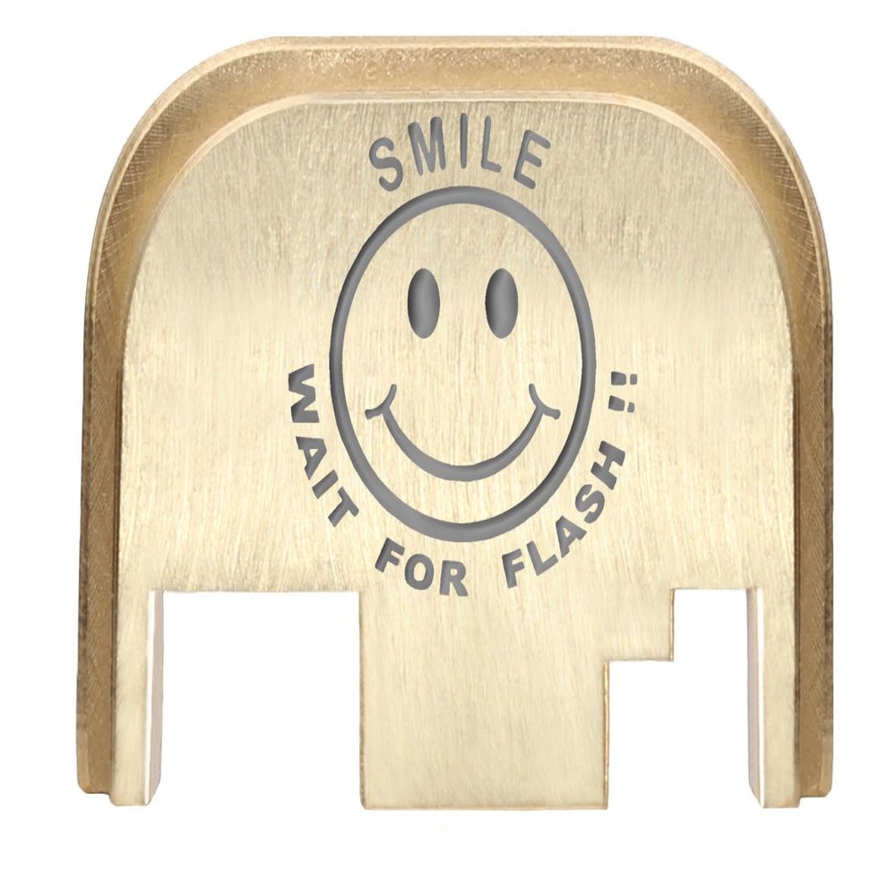 NDZ Performance Rear Slide Cover Back Plate for Gen 1-4 Glock 17 19, 9mm .40 .357 .45, Custom Silver Laser Engraved Images on Brass, Made in The USA - Smile Wait for Flash Smile