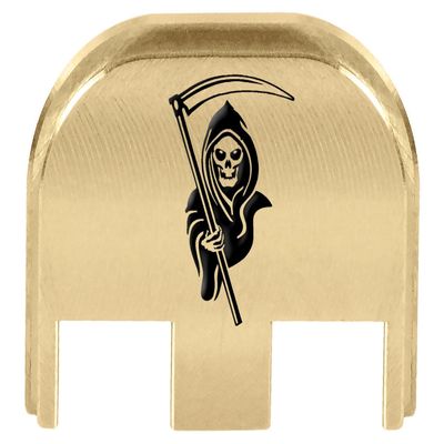 NDZ Performance Slide Back Plate for Glock Gen 5 Models 17 19 19X 22 23 26 27 34 45 47  9mm/.40  Laser Engraved Brass  Grim Reaper 4, Black Fill  Made in USA