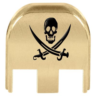 NDZ Performance Slide Back Plate for Glock Gen 5 Models 17 19 19X 22 23 26 27 34 45 47  9mm/.40  Laser Engraved Brass  Skull Jolly Roger 2, Black Fill  Made in USA