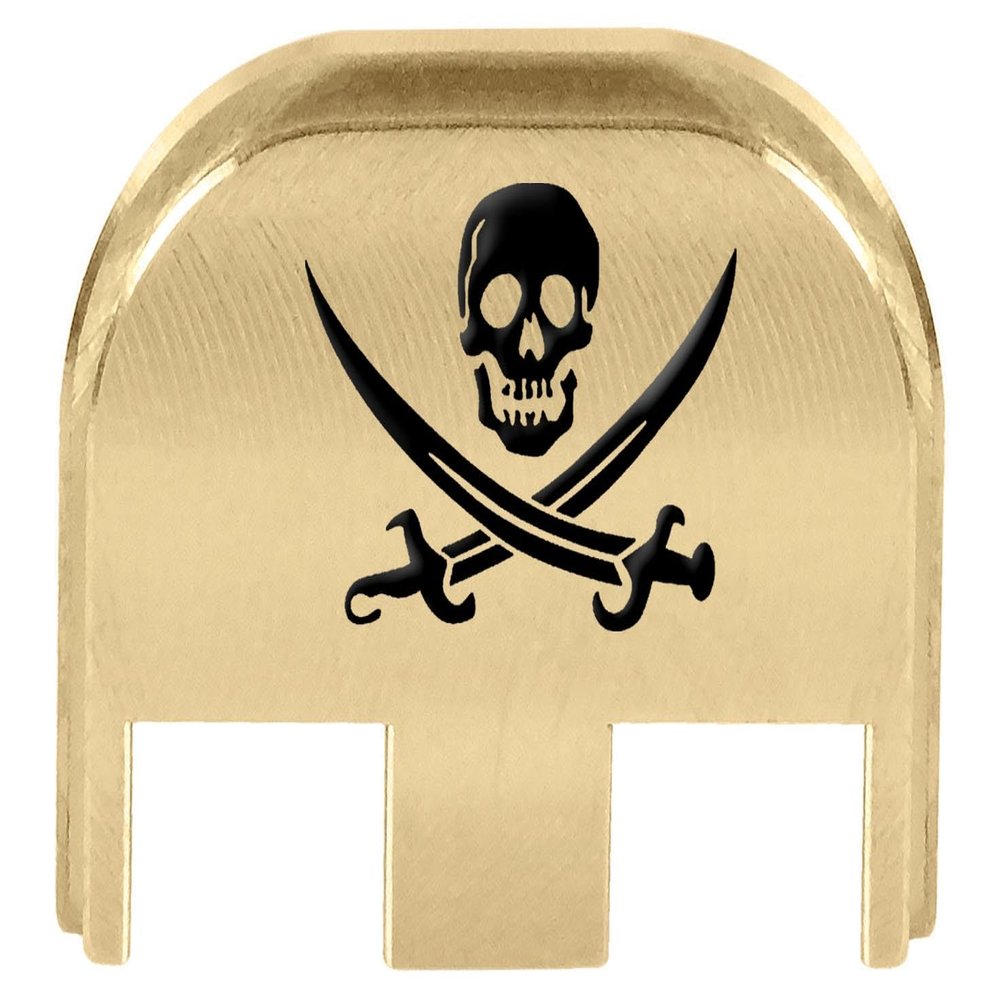 NDZ Performance Slide Back Plate for Glock Gen 5 Models 17 19 19X 22 23 26 27 34 45 47  9mm/.40  Laser Engraved Brass  Skull Jolly Roger 2, Black Fill  Made in USA