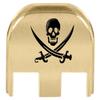 NDZ Performance Slide Back Plate for Glock Gen 5 Models 17 19 19X 22 23 26 27 34 45 47  9mm/.40  Laser Engraved Brass  Skull Jolly Roger 2, Black Fill  Made in USA view 1