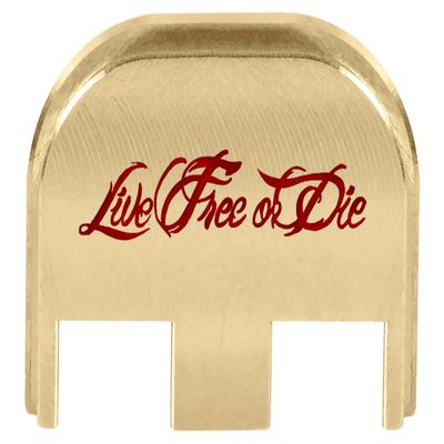 NDZ Performance Slide Back Plate for Glock Gen 5 Models 17 19 19X 22 23 26 27 34 45 47  9mm/.40  Laser Engraved Brass  Live Free Or Die Script, Red Fill  Made in USA