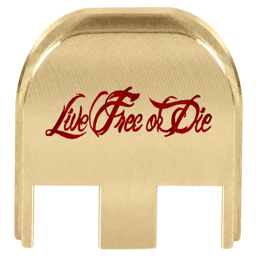 NDZ Performance Slide Back Plate for Glock Gen 5 Models 17 19 19X 22 23 26 27 34 45 47  9mm/.40  Laser Engraved Brass  Live Free Or Die Script, Red Fill  Made in USA