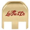NDZ Performance Slide Back Plate for Glock Gen 5 Models 17 19 19X 22 23 26 27 34 45 47  9mm/.40  Laser Engraved Brass  Live Free Or Die Script, Red Fill  Made in USA view 1