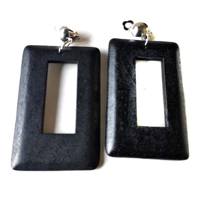 Clip-on Earrings Bohemian Wood Earrings Rectangle Dangle Assorted Colors 3 inch L (Black)