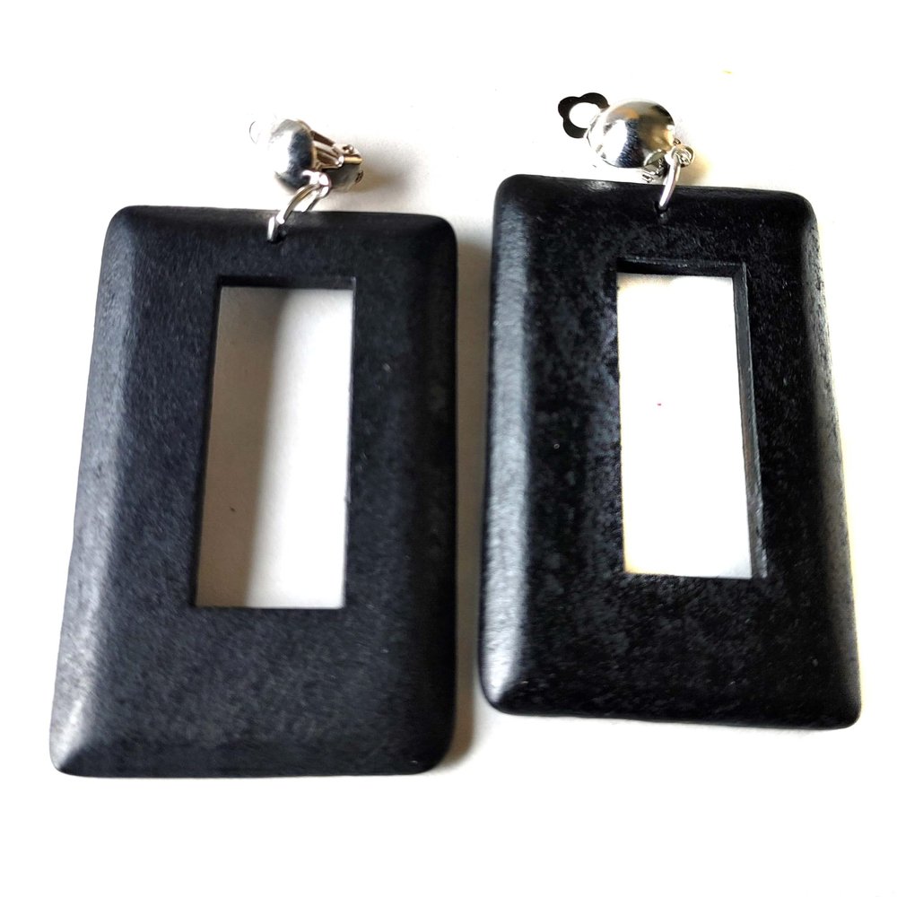 Clip-on Earrings Bohemian Wood Earrings Rectangle Dangle Assorted Colors 3 inch L (Black)
