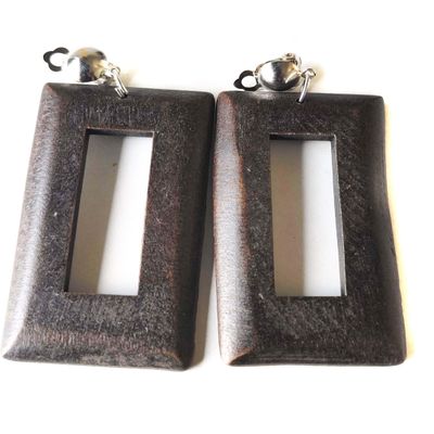 Clip-on Earrings Bohemian Wood Earrings Rectangle Dangle Assorted Colors 3 inch L (Dark Brown)