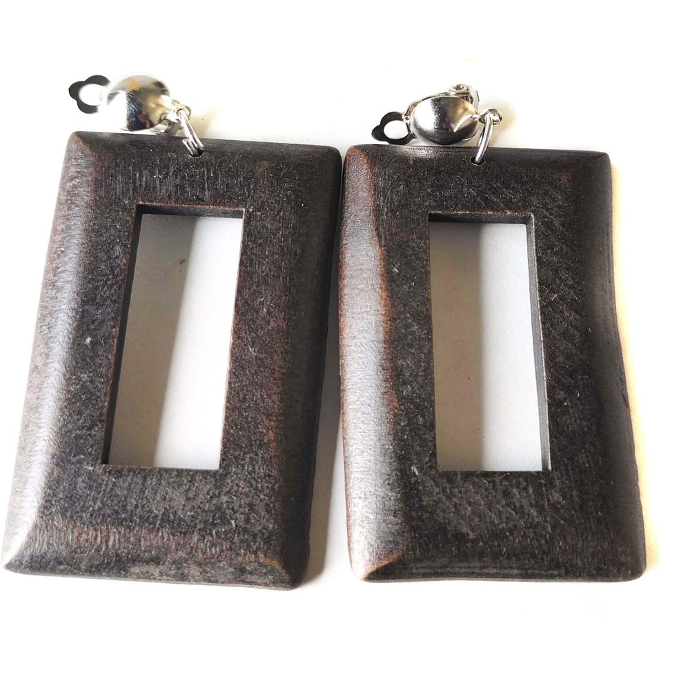 Clip-on Earrings Bohemian Wood Earrings Rectangle Dangle Assorted Colors 3 inch L (Dark Brown)