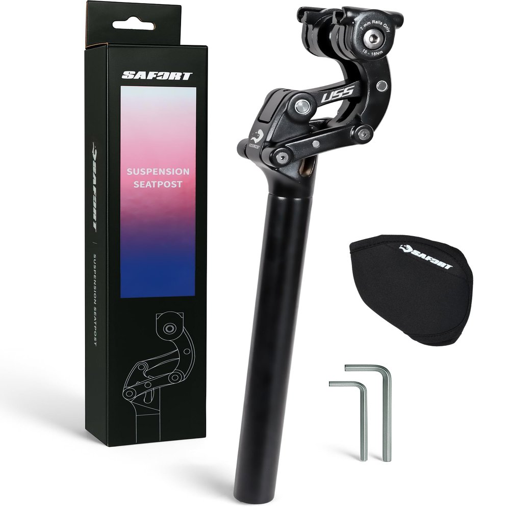 Safort USS Suspension Seatpost with Cover, Diameter: 27.2mm / 30.9mm / 31.6mm, for E-Bikes, Gravel, Road, Hybrid, 365mm (27.2mm x 365mm)