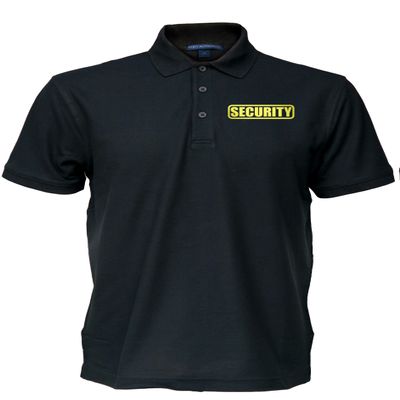Security Polo in Black with Yellow/Reflective Design, Easy Care Pique Fabric, Poly/Cotton.