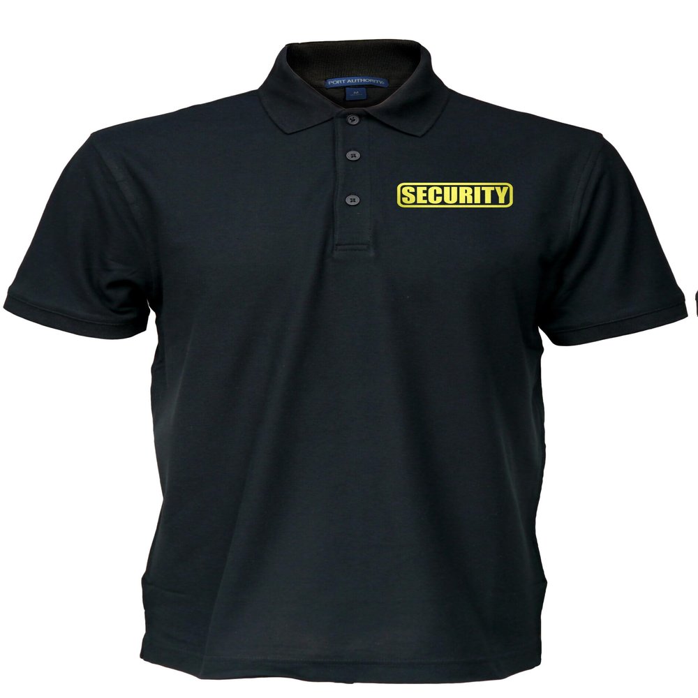 Security Polo in Black with Yellow/Reflective Design, Easy Care Pique Fabric, Poly/Cotton.
