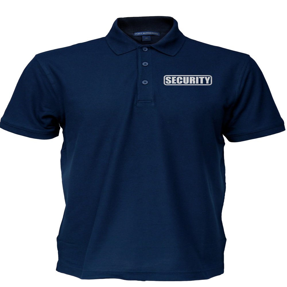 Security Polo in Navy with Silver/Reflective Design, Easy Care Pique Fabric, Poly/Cotton.