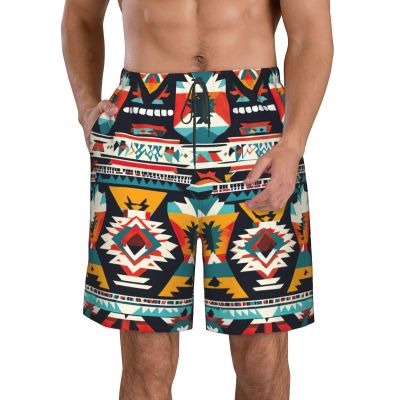Native American Pattern Print Men's Beach Shorts Elastic Waist Drawstring Lightweight Summer Casual Shorts with Pockets White