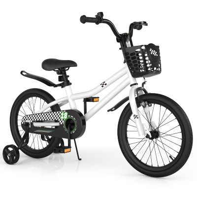 COSTWAY Kids Bike, 18 Inch Toddler Bike with Kickstand for Boys & Girls Aged 3-8 Years Old, Kids Bicycle w/Removable Training Wheels, Handbrake & Coaster Brake, Basket (White, Checkerboard Pattern)