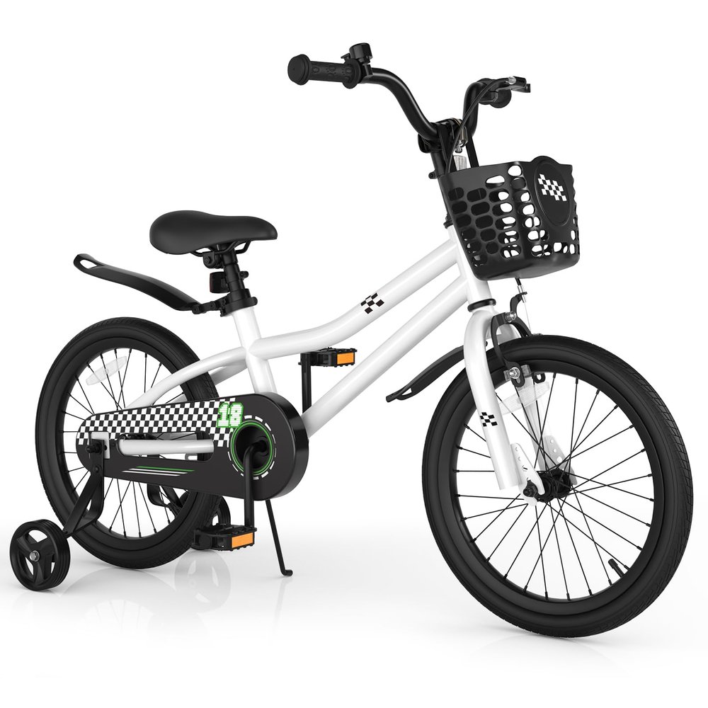 COSTWAY Kids Bike, 18 Inch Toddler Bike with Kickstand for Boys & Girls Aged 3-8 Years Old, Kids Bicycle w/Removable Training Wheels, Handbrake & Coaster Brake, Basket (White, Checkerboard Pattern)