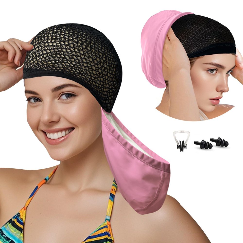 Lynllsh Womens Swim Cap for Long Hair PU Fabric Hairnet Swimming Caps for Women Men Adults Youths with Ear Plug and Nose Clip, Swim Hats Pool Caps to Protect Hair no Pulling (Pink, M)