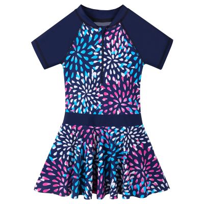 BAOHULU Toddler Girls Swimsuit One Piece Short Sleeve Floral Dress Swimwear 3-8 Years S411_NavyDaisy_116/122
