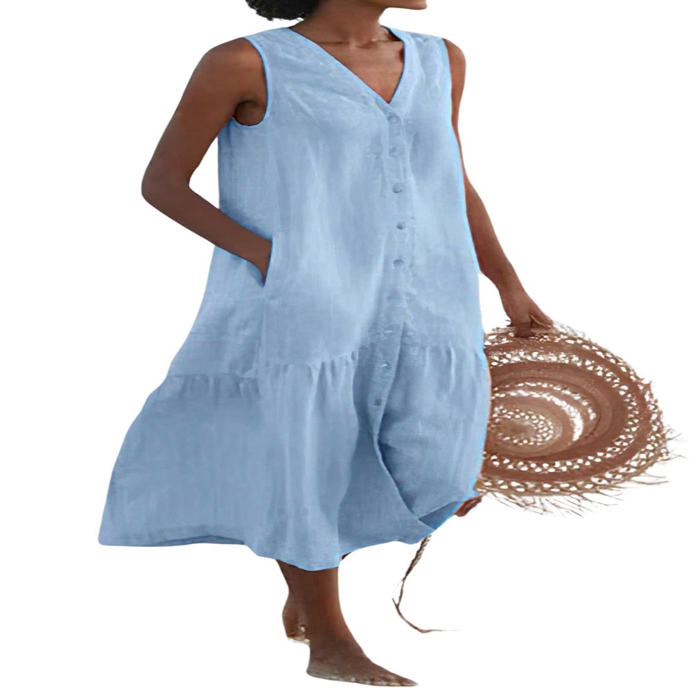 chouyatou Women's Summer Sleeveless Button Down Cotton Tank Dress Loose A-Line Tiered Tunic Beach Dress (X-Small, Light Blue)