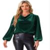 Allegra K Vintage Velvet Top for Women's Christmas Cowl Neck Oversized Lantern Sleeve Casual Blouse Large Dark Green view 1