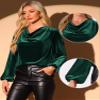 Allegra K Vintage Velvet Top for Women's Christmas Cowl Neck Oversized Lantern Sleeve Casual Blouse Large Dark Green view 2
