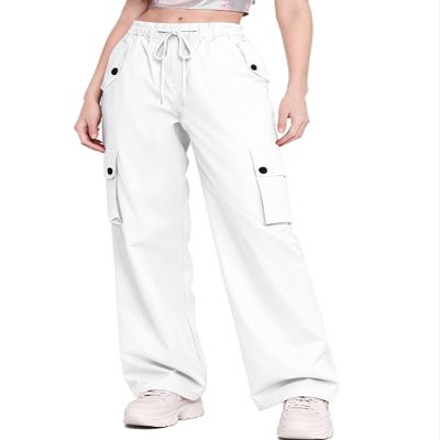 Betusline Girl's High Waist Wide Leg Cargo Pants Y2K Parachute Pants with Pockets and Drawstring, White, 6-7 Years = Tag 130