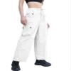 Betusline Girl's High Waist Wide Leg Cargo Pants Y2K Parachute Pants with Pockets and Drawstring, White, 6-7 Years = Tag 130 view 4