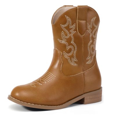 PANDANINJIA Girls Toddler Cowgirl Boots Riding Round Toe Boys Cowboy Boot Little Kids Short Calf Western Cowgirl Booties(Brown Pu 3 M US Little Kid)
