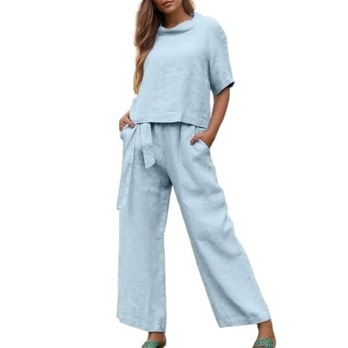 Women 2 Piece Cotton Linen Outfits Casual Short Sleeve Top Summer Plus Size Suits High Waist Wide Leg Pants Sets