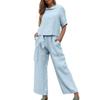 Women 2 Piece Cotton Linen Outfits Casual Short Sleeve Top Summer Plus Size Suits High Waist Wide Leg Pants Sets view 1