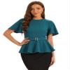 Allegra K Peplum Blouse for Women's Round Neck Bell Sleeve Belted Waist Office Work Tops X-Small Peacock Blue view 1