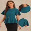 Allegra K Peplum Blouse for Women's Round Neck Bell Sleeve Belted Waist Office Work Tops X-Small Peacock Blue view 2