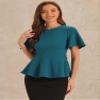 Allegra K Peplum Blouse for Women's Round Neck Bell Sleeve Belted Waist Office Work Tops X-Small Peacock Blue view 4