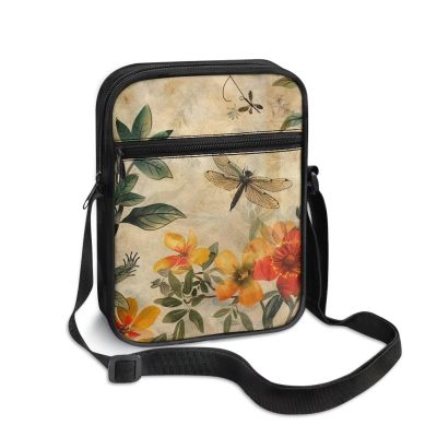 TODIYADDU Artistic Dragonfly Flower Messenger Bag for Women Men Mini Shoulder Bag with Front Pocket Fashion Sling Purse Chest Bag for Small Items Portable Handbags for Passport Cards Keys Gifts-1