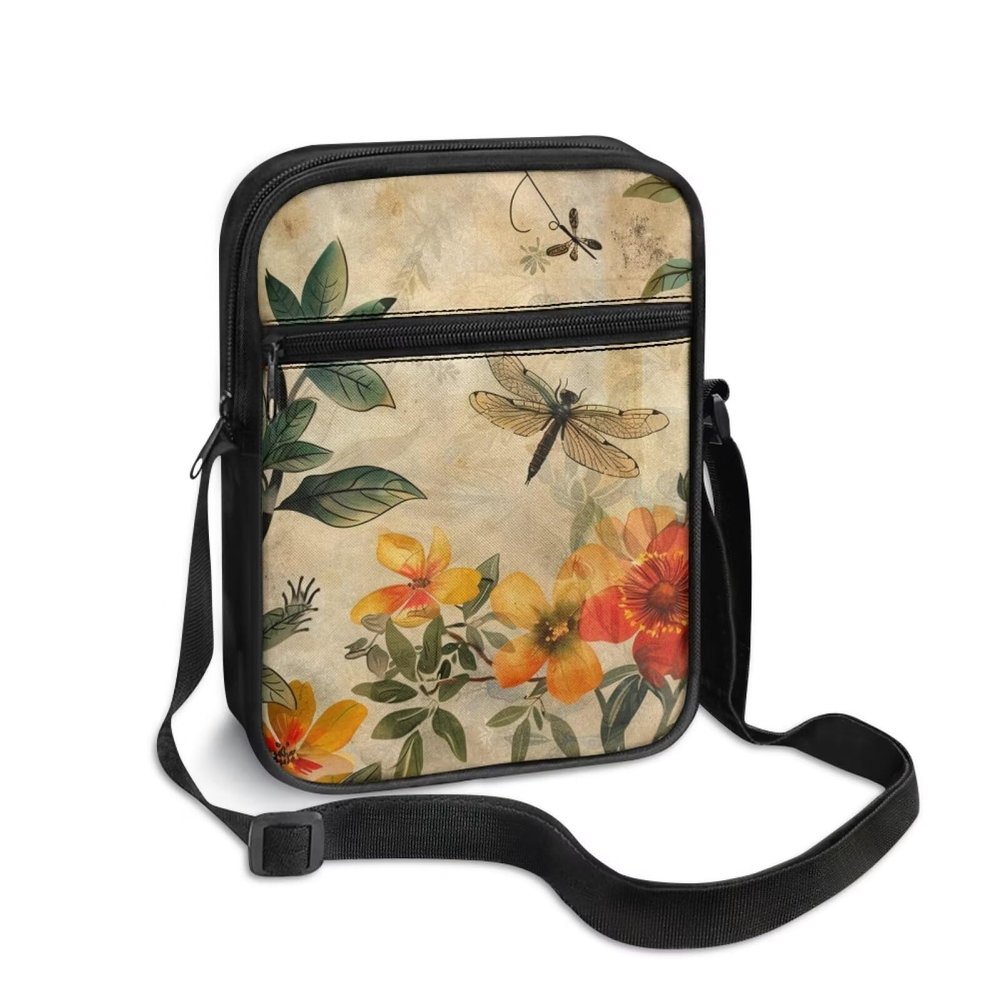 TODIYADDU Artistic Dragonfly Flower Messenger Bag for Women Men Mini Shoulder Bag with Front Pocket Fashion Sling Purse Chest Bag for Small Items Portable Handbags for Passport Cards Keys Gifts-1