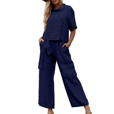 Women 2 Piece Cotton Linen Outfits Casual Short Sleeve Top Summer Plus Size Suits High Waist Wide Leg Pants Sets