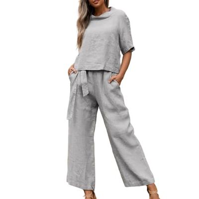 Women 2 Piece Cotton Linen Outfits Casual Short Sleeve Top Summer Plus Size Suits High Waist Wide Leg Pants Sets