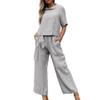 Women 2 Piece Cotton Linen Outfits Casual Short Sleeve Top Summer Plus Size Suits High Waist Wide Leg Pants Sets view 1