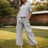 Women 2 Piece Cotton Linen Outfits Casual Short Sleeve Top Summer Plus Size Suits High Waist Wide Leg Pants Sets view 2
