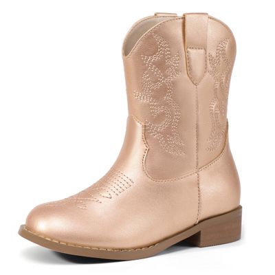 PANDANINJIA Girls Toddler Cowgirl Boots Riding Round Toe Boys Cowboy Boot Little Kids Short Calf Western Cowgirl Booties(Champagne Pu 2 M US Little Kid)