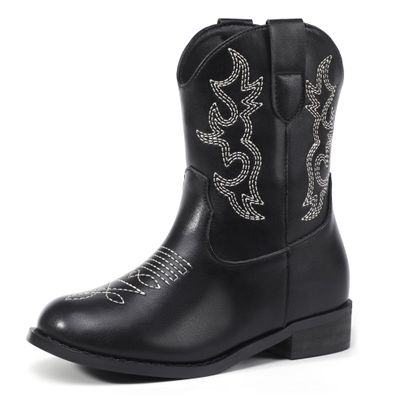 PANDANINJIA Girls Toddler Cowgirl Boots Riding Round Toe Boys Cowboy Boot Little Kids Short Calf Western Cowgirl Booties(Black Pu 10 M US Toddler)