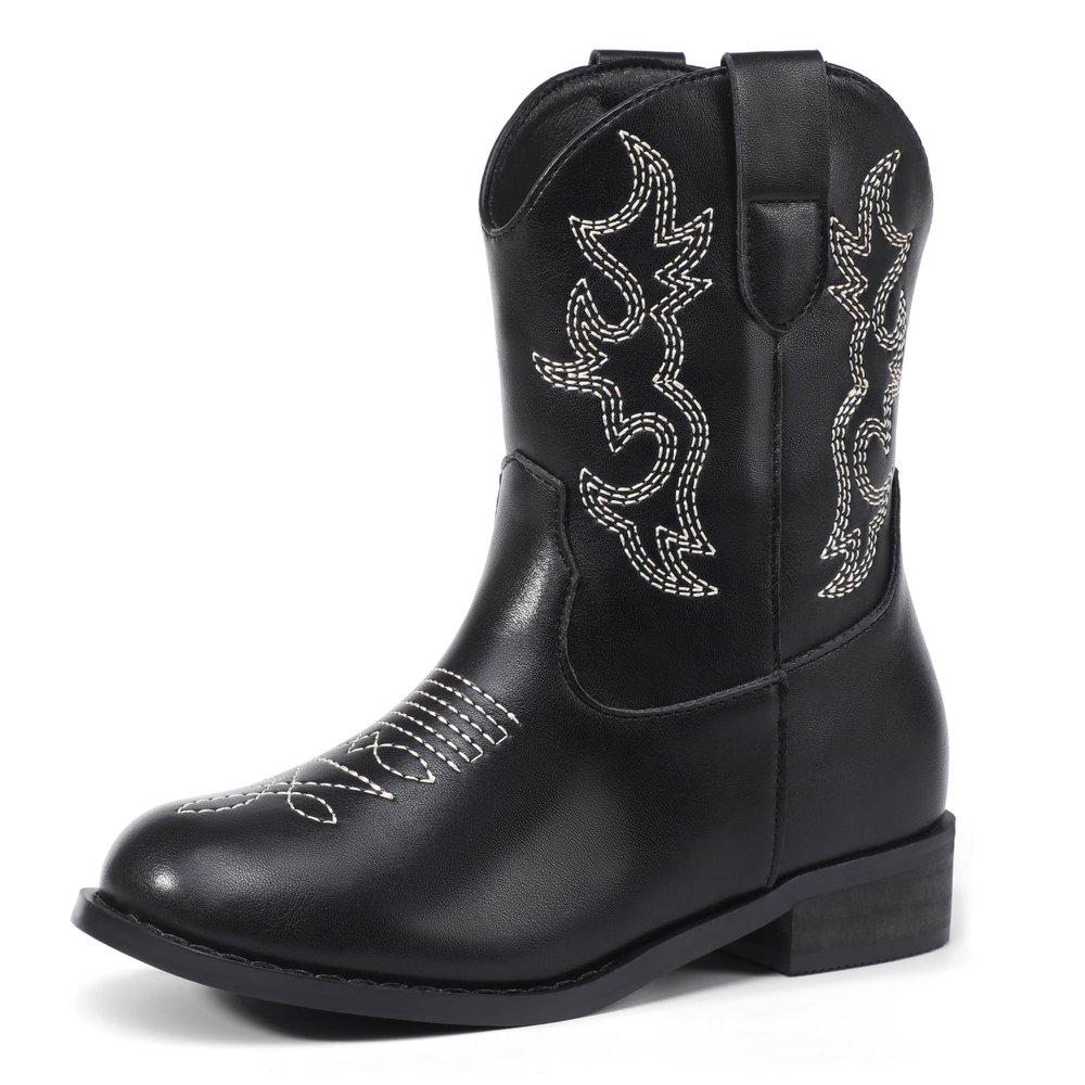 PANDANINJIA Girls Toddler Cowgirl Boots Riding Round Toe Boys Cowboy Boot Little Kids Short Calf Western Cowgirl Booties(Black Pu 10 M US Toddler)