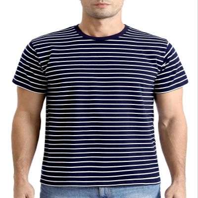 Funny World Navy Blue and White Striped Shirt Men Cotton Short Sleeve Casual T Shirts, Navy & White, X-Large