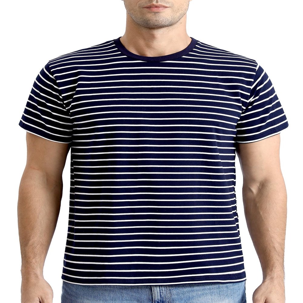 Funny World Navy Blue and White Striped Shirt Men Cotton Short Sleeve Casual T Shirts, Navy & White, X-Large