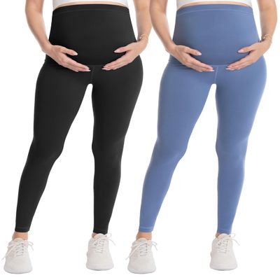 WELL&JUST Maternity Leggings Over The Belly - 2 Packs Ultra Soft & Breathable Pregnancy Active Wear for Workout Casual, High Waist Yoga Tights, XL
